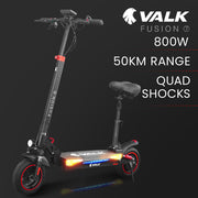 VALK Fusion 7 Electric Scooter, 800W, AU Compliant, with Seat Option, 48V 13Ah Lithium, 50km Range, Quad Shocks, 10 inch Tyres