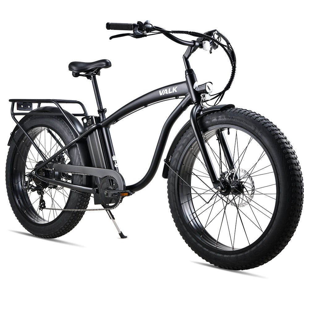 VALK Electric Fat Tyre Cruiser Bike, eBike with Throttle, Matte Black