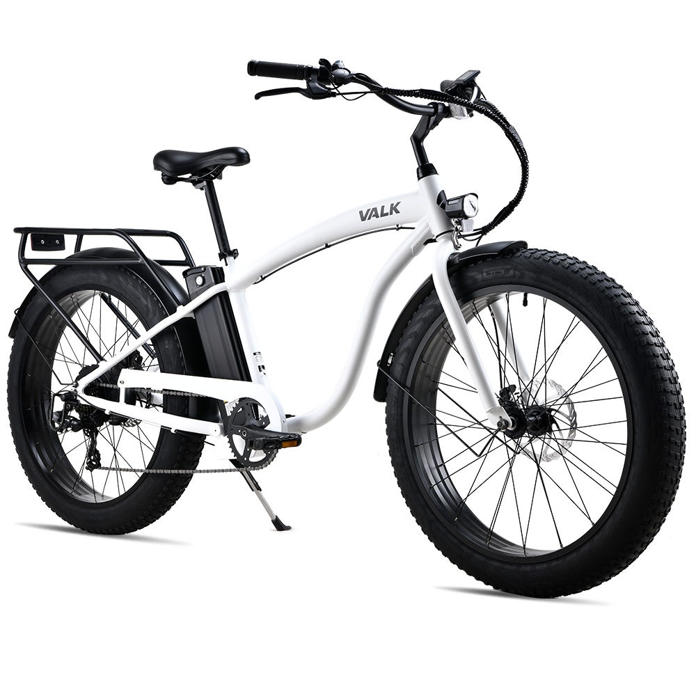 VALK Electric Fat Tyre Cruiser Bike, eBike with Throttle, White